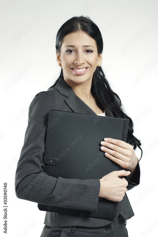 smiling confident business woman holding portfolio smiling confident business woman holding portfolio