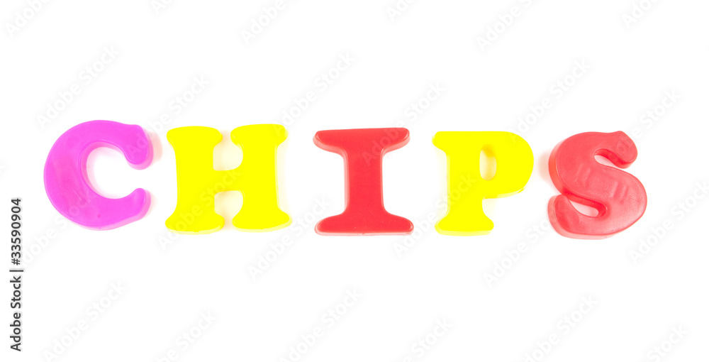 chips written with fridge magnets on white background chips written with fridge magnets on white background