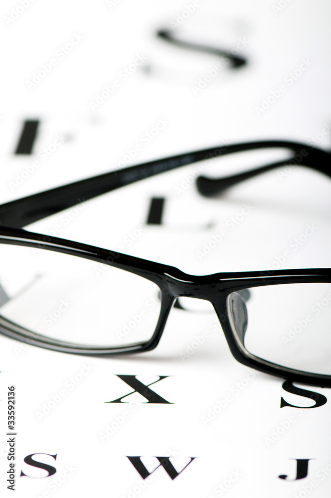 Optical reading glasses on the eyesight table Optical reading glasses on the eyesight table