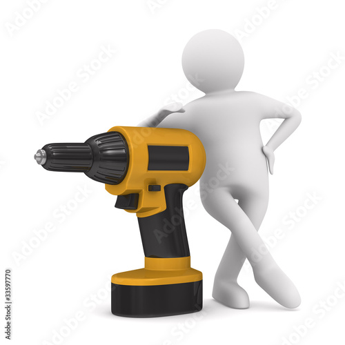 Obraz na płótnie Drill and man on white background. Isolated 3D image