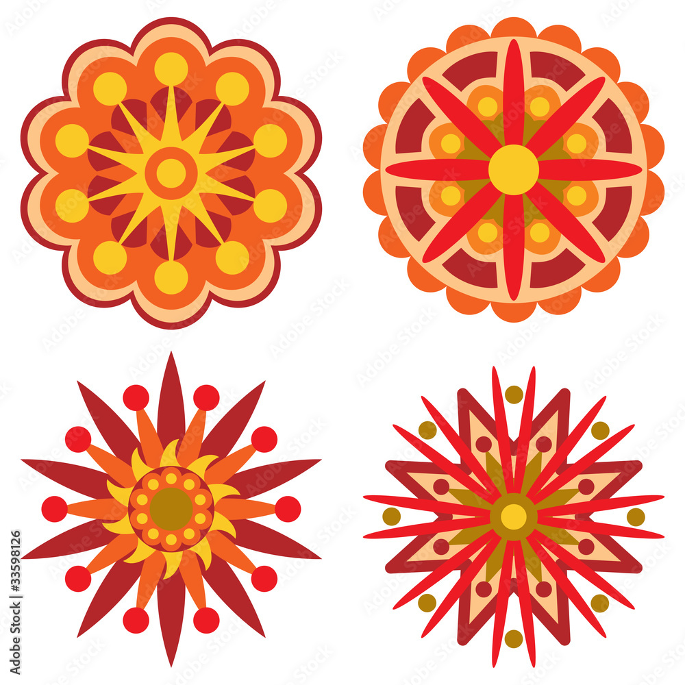 Four Retro Flowers Design Elements
