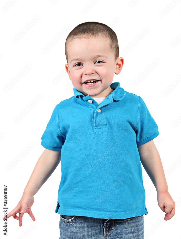 Cute little boy posing for camera on white background Cute little boy posing for camera on white background