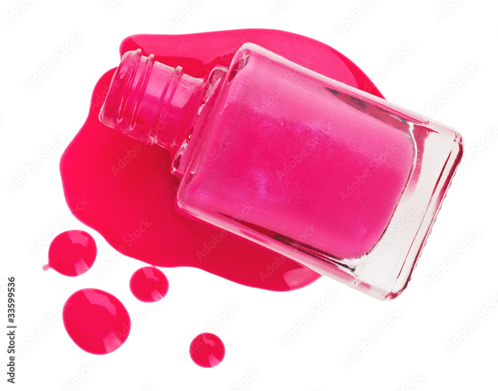 Bottle of pink nail polish with enamel drop samples, isolated on Bottle of pink nail polish with enamel drop samples, isolated on