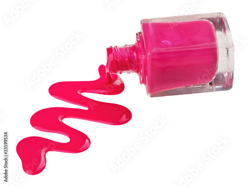 Bottle of pink nail polish with enamel drop samples, isolated on