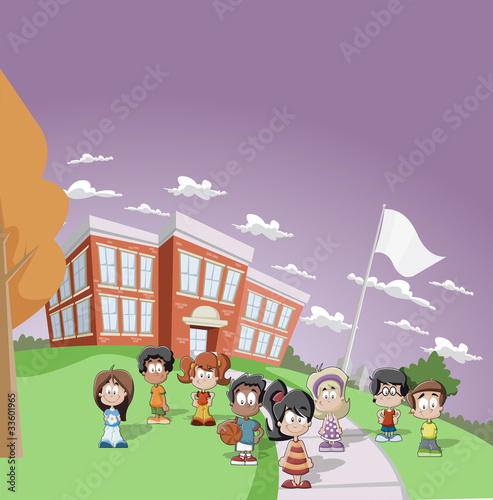 Students in front of school