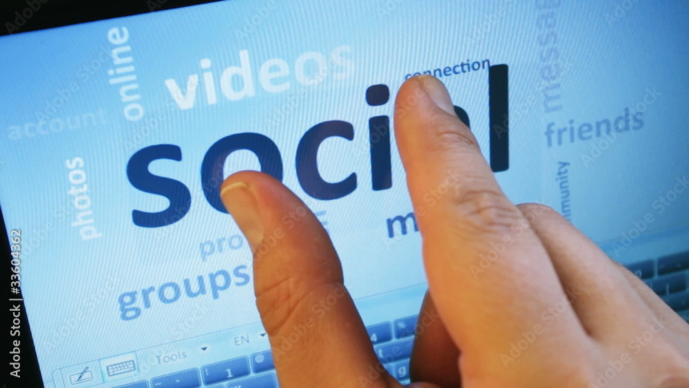 social media and connected words on touch-screen tablet-pc social media and connected words on touch-screen tablet-pc