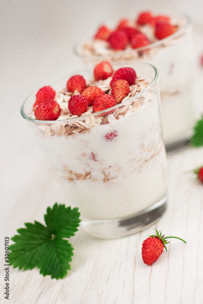 Yogurt with muesli and strawberries Yogurt with muesli and strawberries