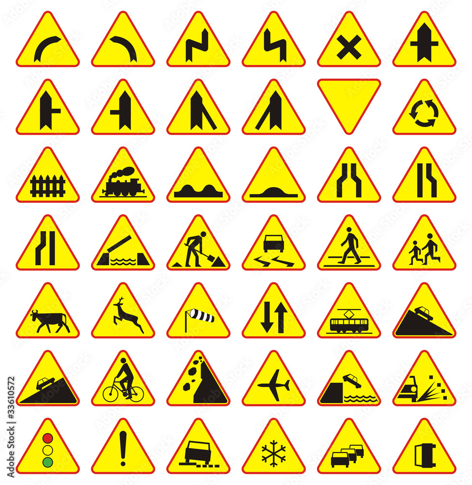Znaki drogowe paczka (znaki ostrzegawcze) - obrazy, fototapety, plakaty 