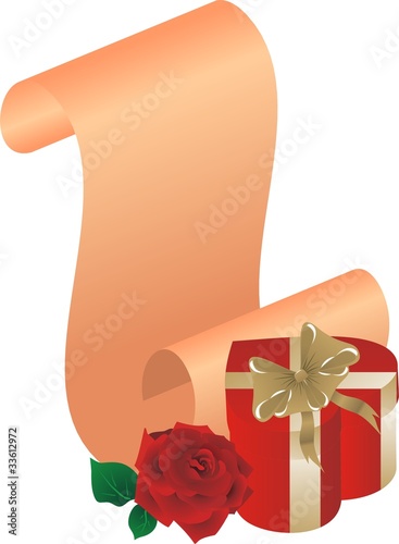 rose and gift on the background of a congratulatory scroll