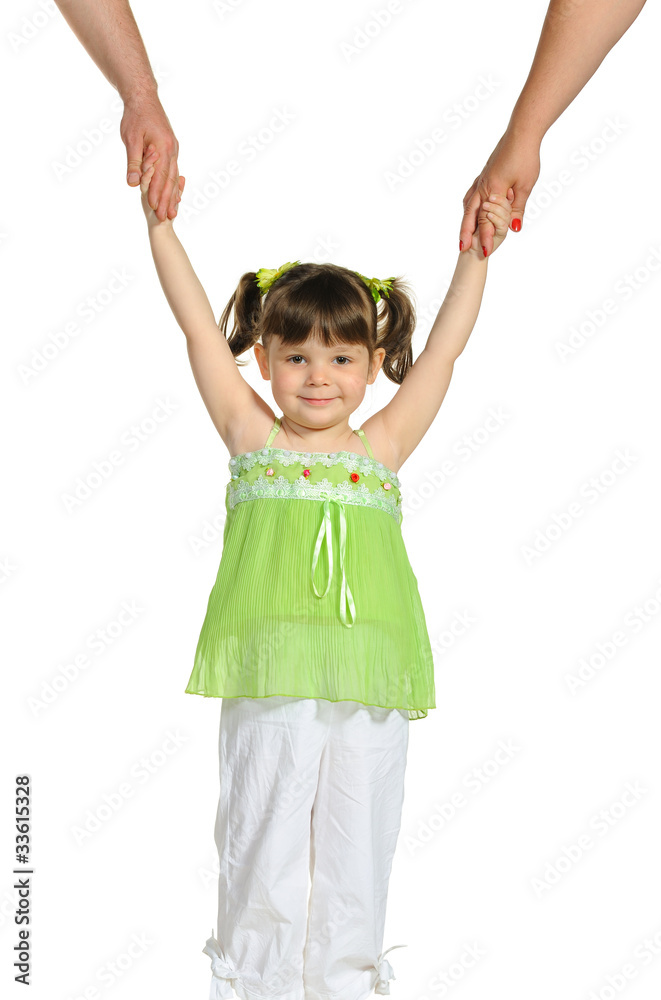 Happy pretty the little girl keeps for hands of parents Happy pretty the little girl keeps for hands of parents