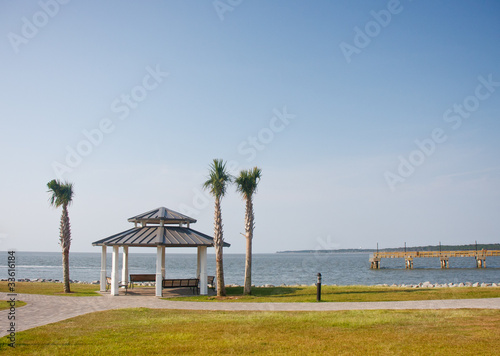 Pavilion and Palm Trees on Coast by Pier © dbvirago
