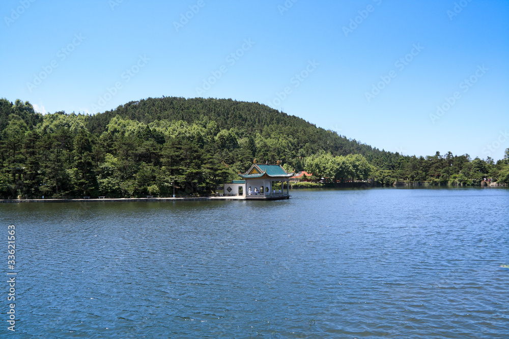 tranquil lake and pavilion