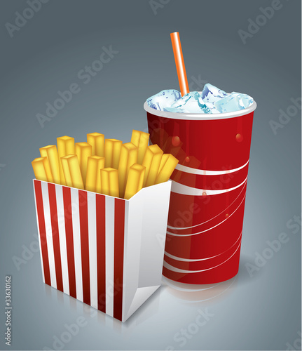 Fried chips in paper bag with soda