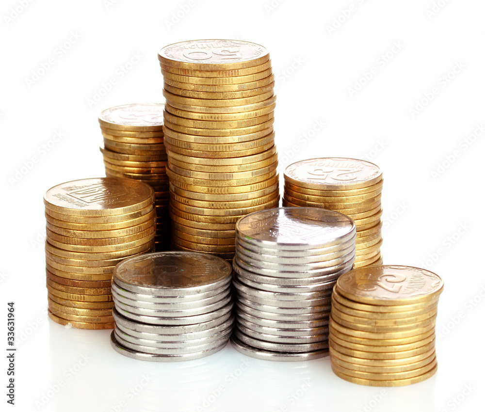 Many coins in column isolated on white Many coins in column isolated on white