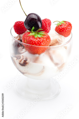 ice cream, cherries, raspberries and strawberries isolated on wh