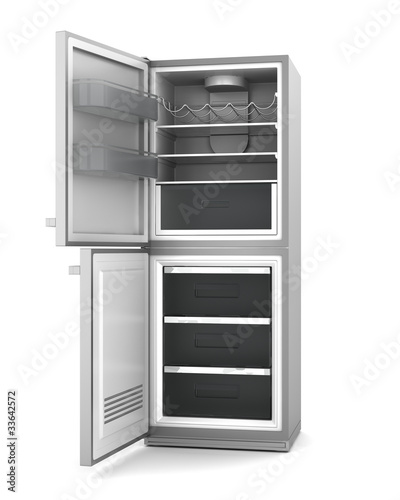 modern refrigerator with open doors isolated on white background