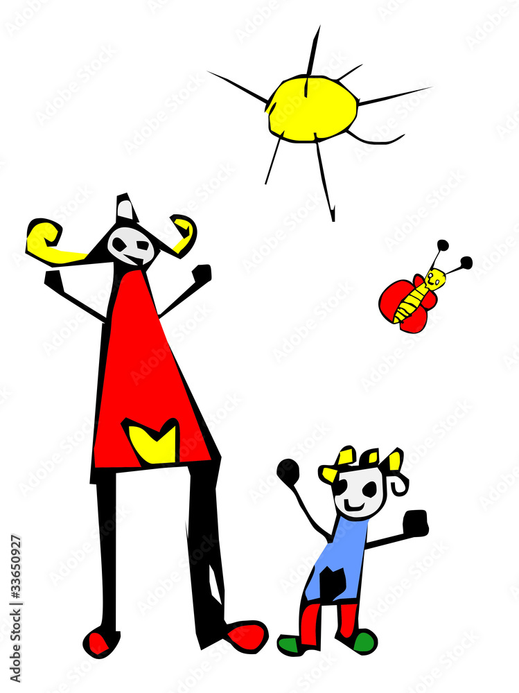 Fototapeta premium Happy time: kid drawing of mom and daughter