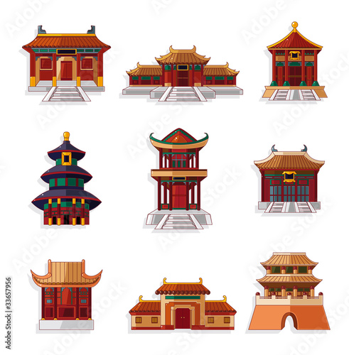 cartoon Chinese house icon set.