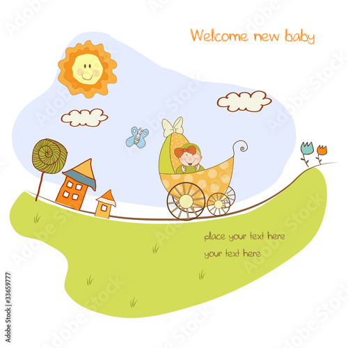 baby girl shower announcement card with pram