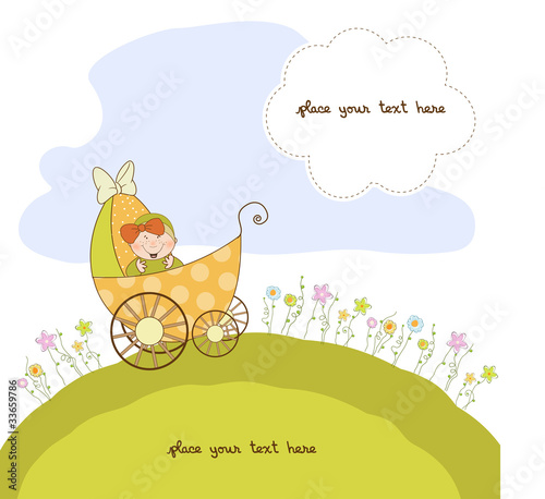 baby girl shower announcement card with pram