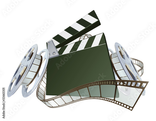 Film clapperboard and movie film reels