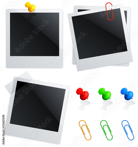 Set of instant photos, color pins and clips.