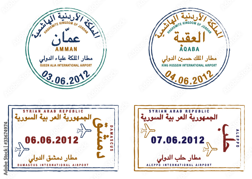 Stylized passport stamps of Jordan and Syria in vector format.