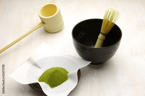 Tea-things of traditional japanese powdered green tea