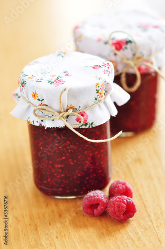 Raspberry jam in jars