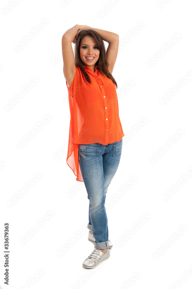 Casual beautiful young female against white Casual beautiful young female against white