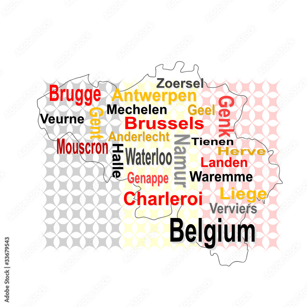 belgium map and words cloud with larger cities