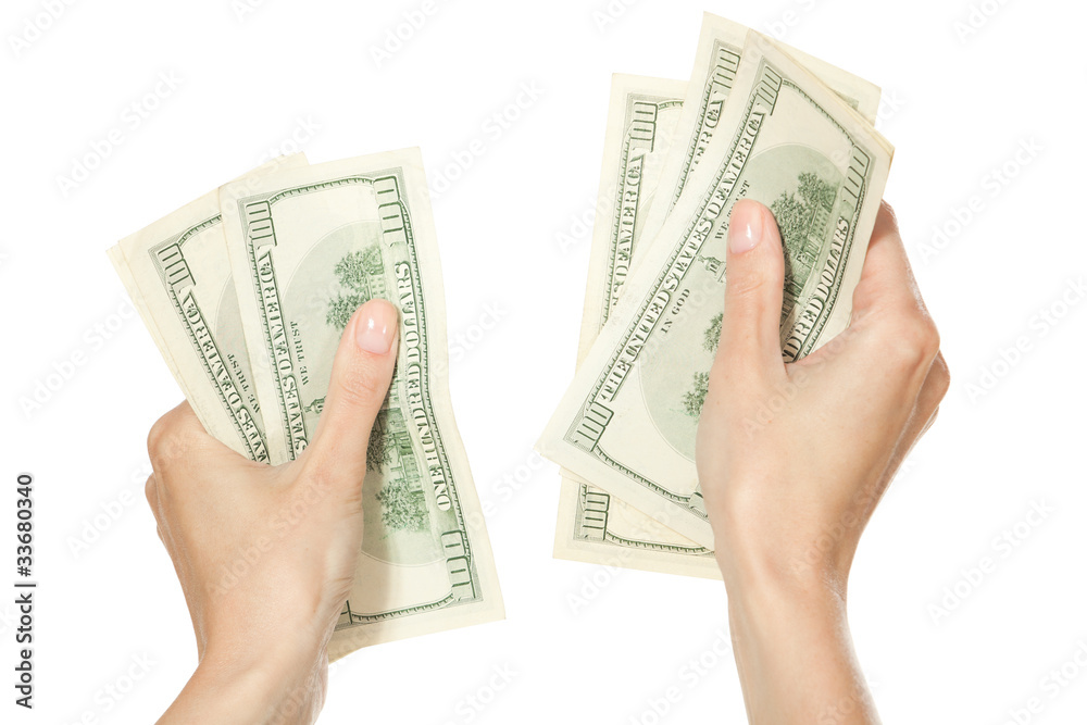 Female hands counting money, isolated on white background Female hands counting money, isolated on white background