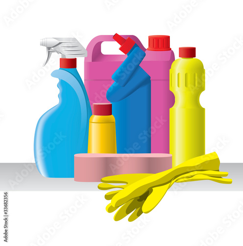 Group of detergents with sponge and gloves