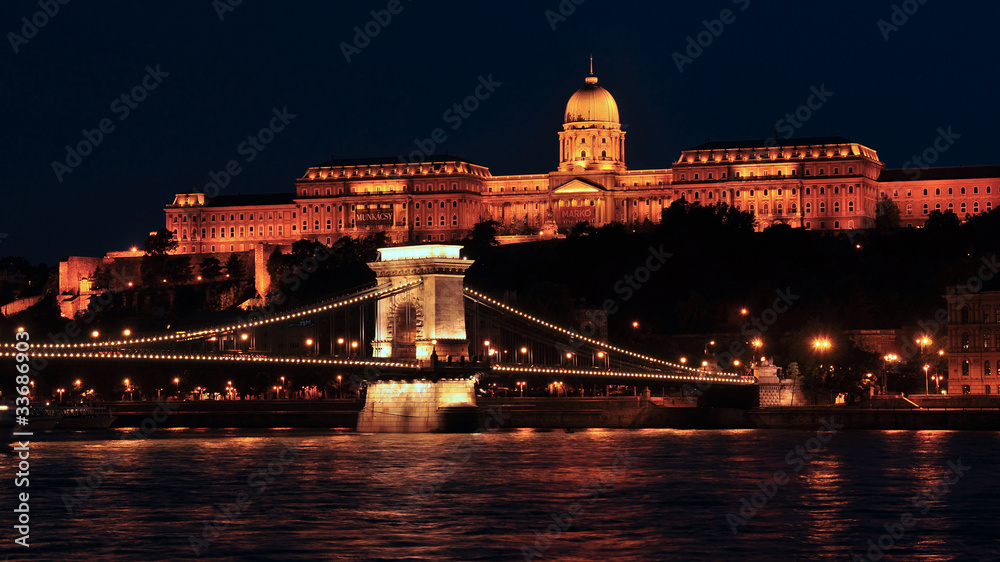 Budapest in night-Chain bridge with National museum