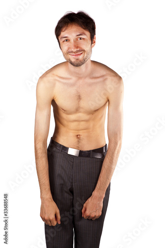 very skinny guy flexing its muscles