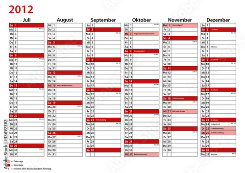 Kalender Deutschland 2012 - doppelseitig A4 weiß - Juli-Dezember
