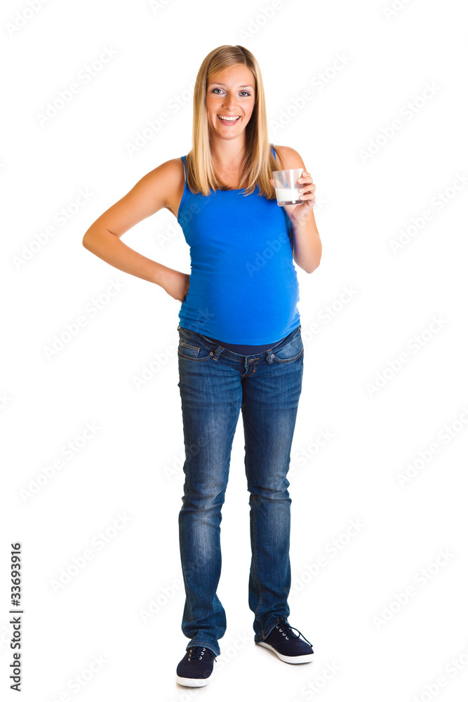 Pregnant woman with vegetables, isolated on white