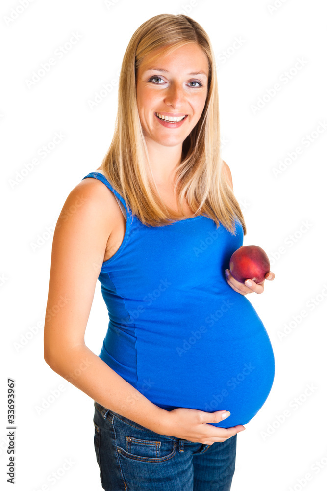 Pregnant woman with peach isolated on white Pregnant woman with peach isolated on white