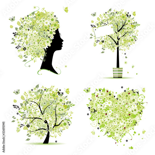 Spring style - tree, frame, female head, heart for your design