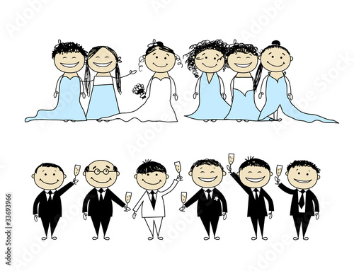 Wedding party - bride and groom with friends