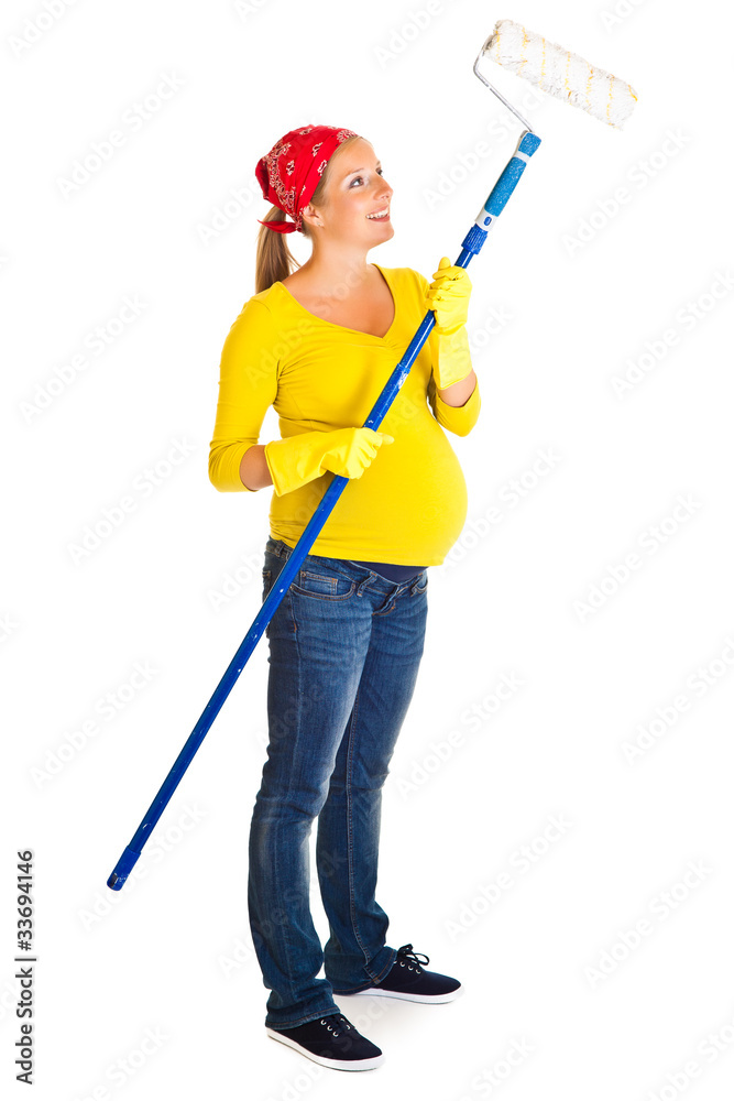 Pregnant woman renovating room isolated on white Pregnant woman renovating room isolated on white