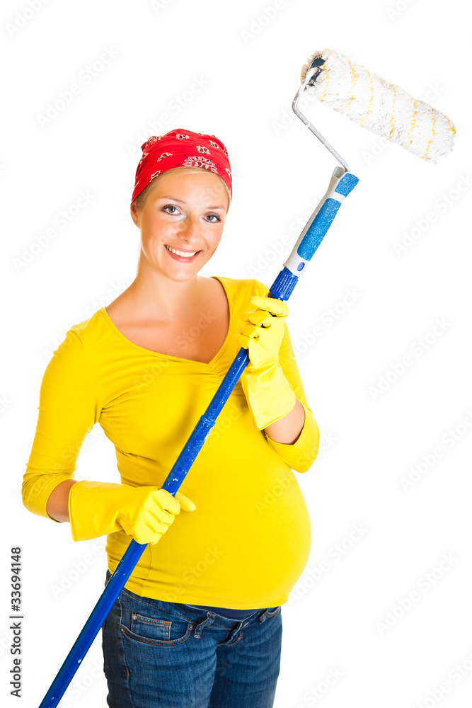 Pregnant woman renovating room isolated on white Pregnant woman renovating room isolated on white
