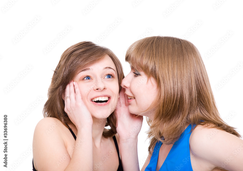 Two girlfriends talk. Close up. White background. It is isolated Two girlfriends talk. Close up. White background. It is isolated
