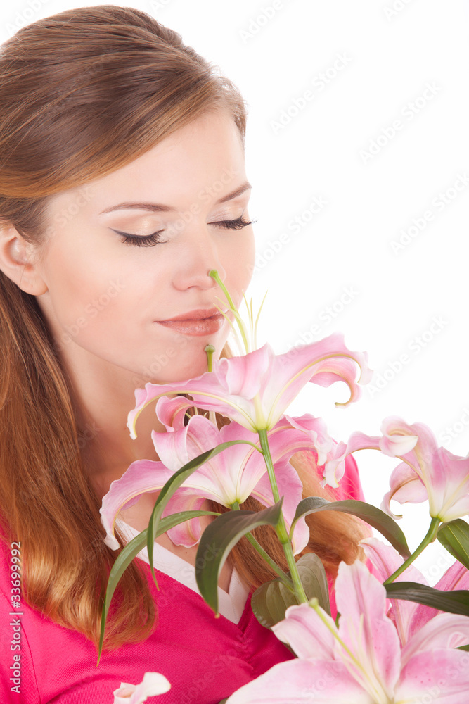 Picture a charming woman with a flower
