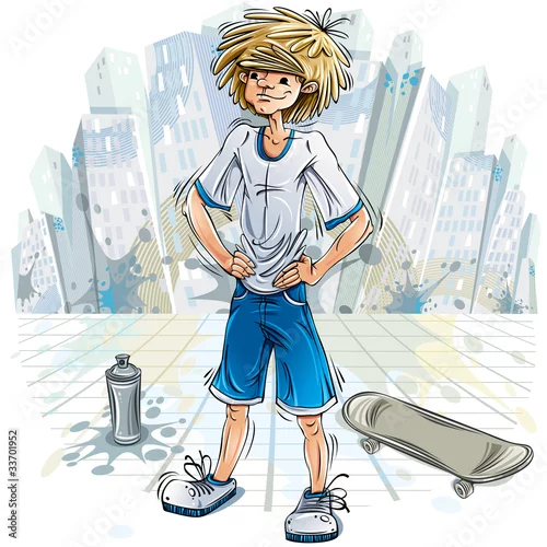 Obraz nastolatek w mieście ze sprayem i deskorolką