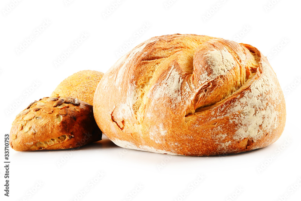 Composition with bread and rolls isolated on white Composition with bread and rolls isolated on white