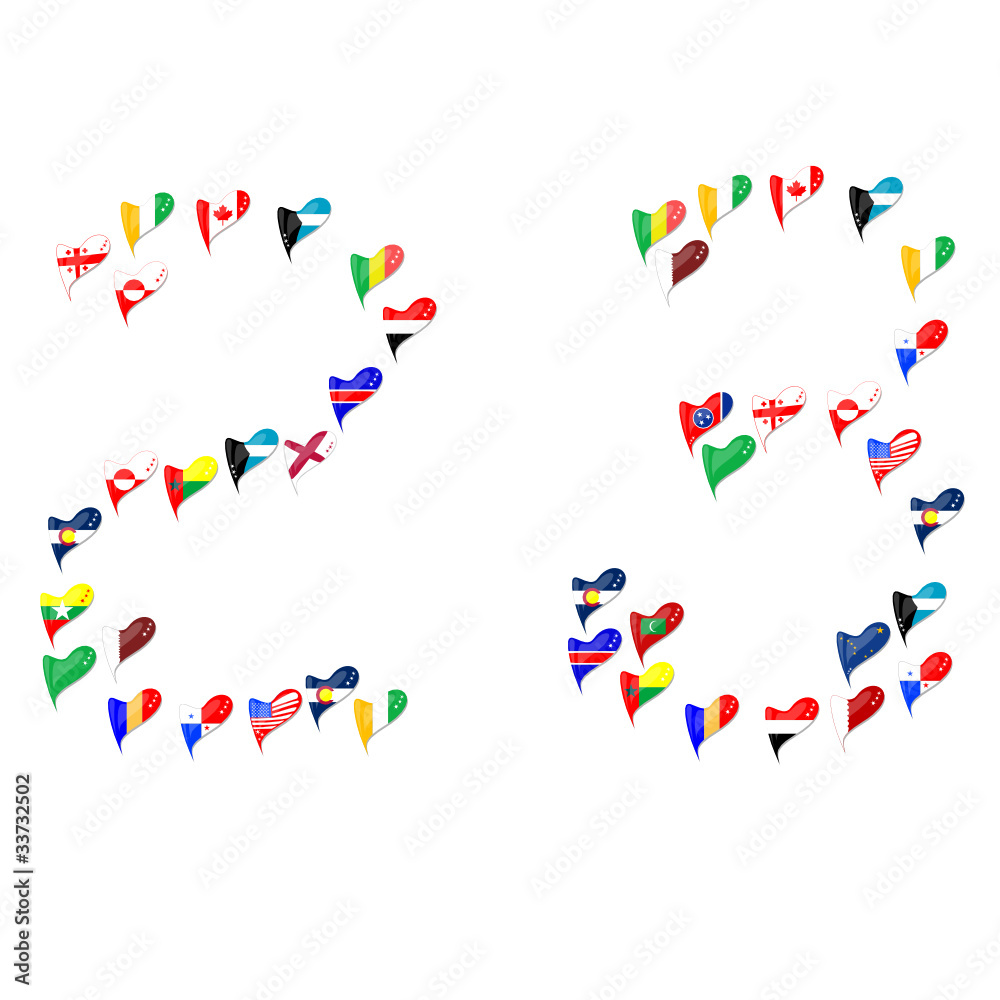 Number 2 and 3 from world country in heart Number 2 and 3 from world country in heart
