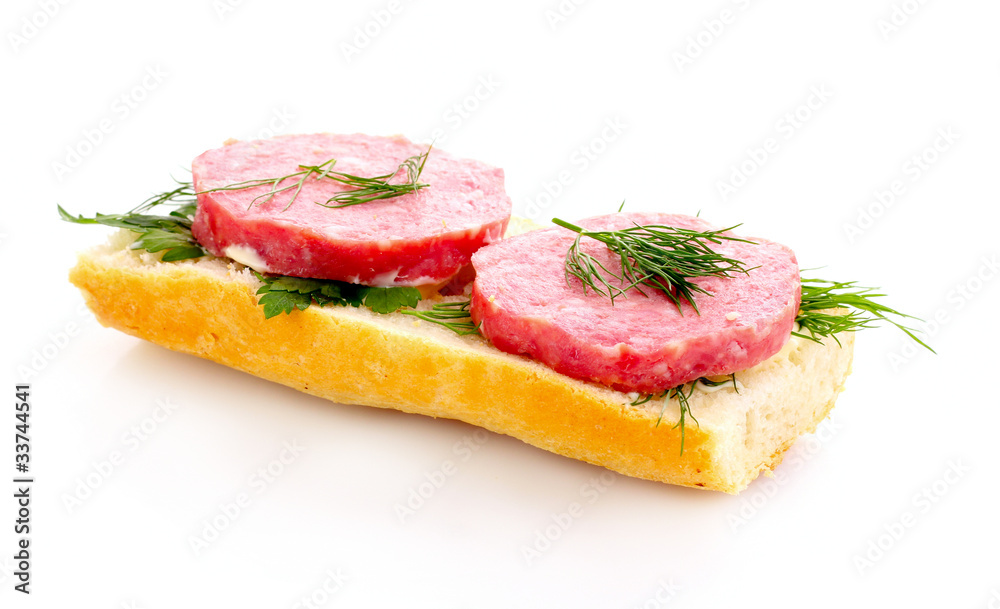 sausage on bread isolated on white sausage on bread isolated on white