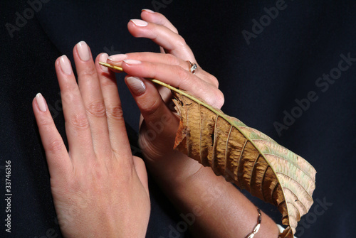 woman's hand, which holds a sheet of wood
