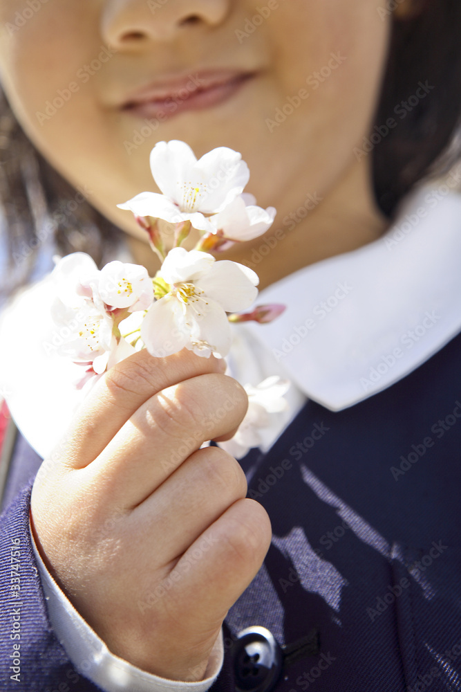 桜の花を持つ小学生女子